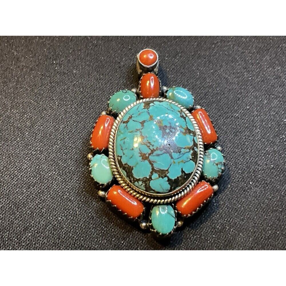 925 Sterling Silver Turquoise And Coral 38grams Pendant